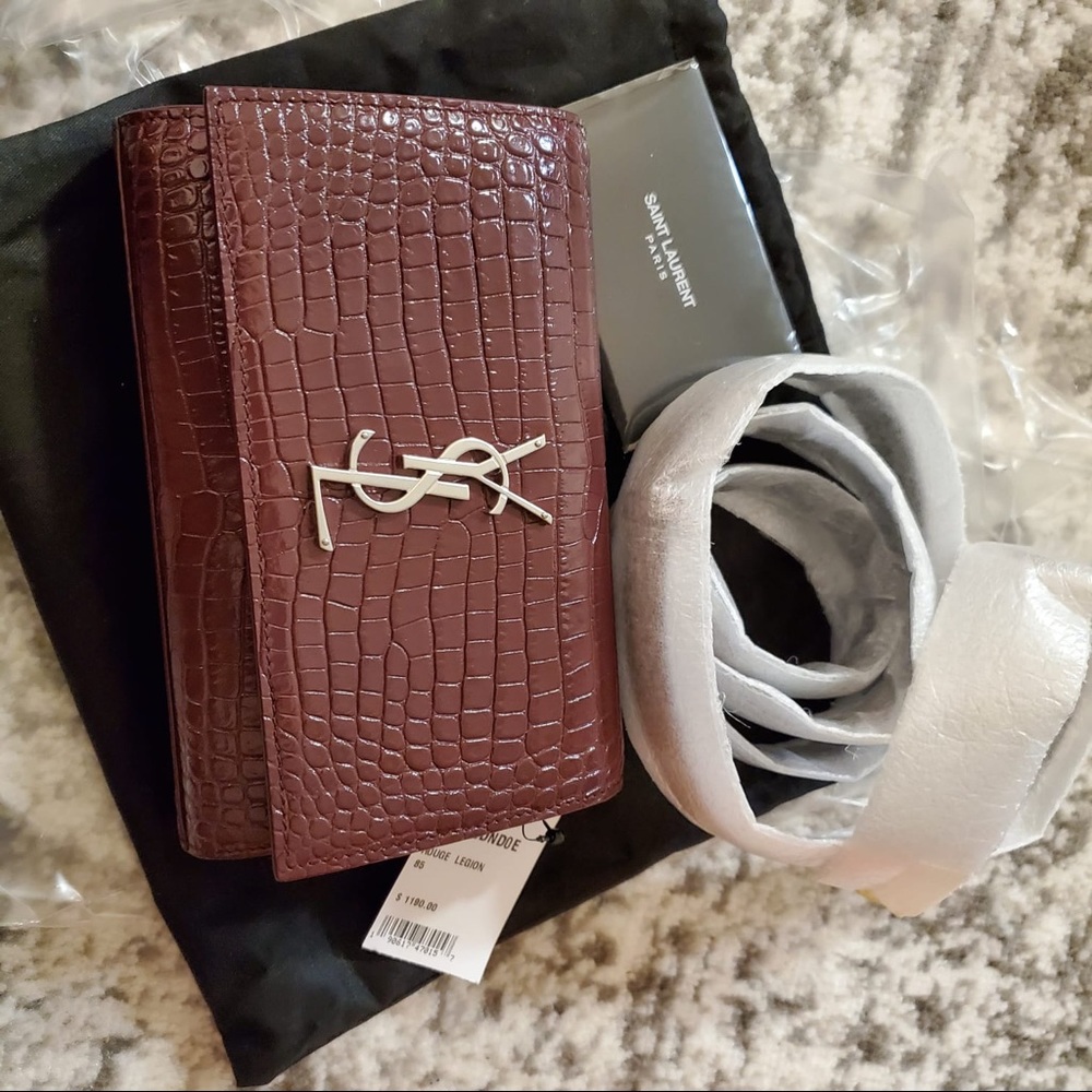 YSL Croc-Embossed Leather Monogram Kate Belt Bag